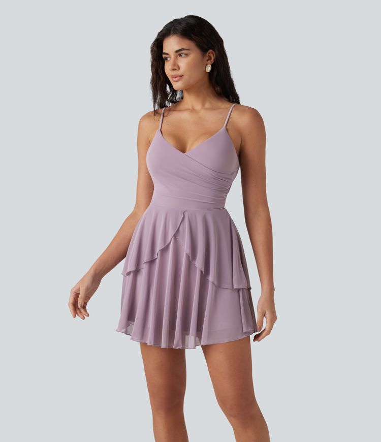 Robe nuisette mini demoiselle d'honneur et invitée de mariage avec brassière intégrée en mesh à col V noué et ourlet à volants Robe nuisette mini demoiselle d'honneur et invitée de mariage avec brassière intégrée en mesh à col V noué et ourlet à volants