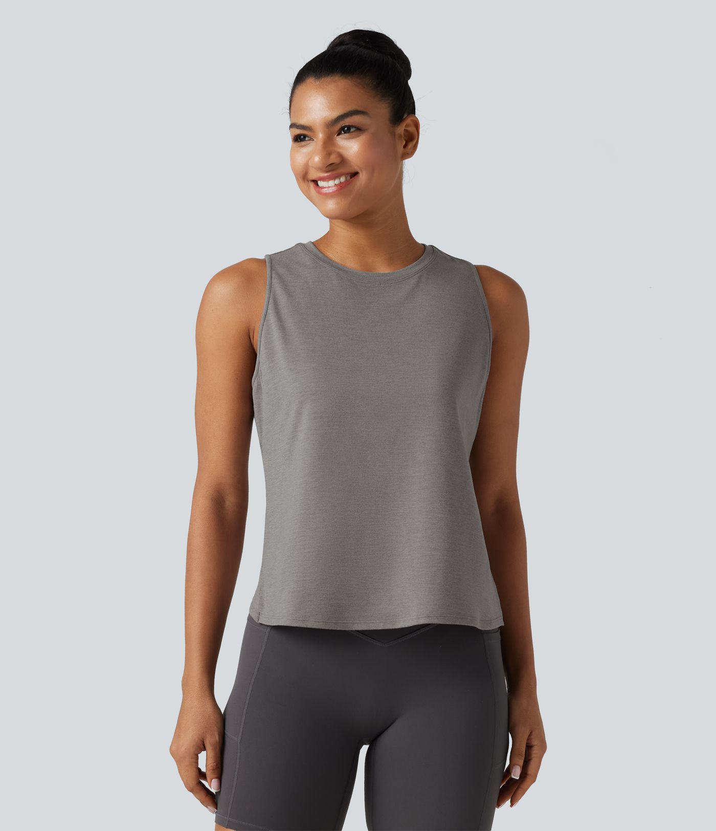 Cut Out Crossover Hem Heathered Yoga Tank Top Cut Out Crossover Hem Heathered Yoga Tank Top
