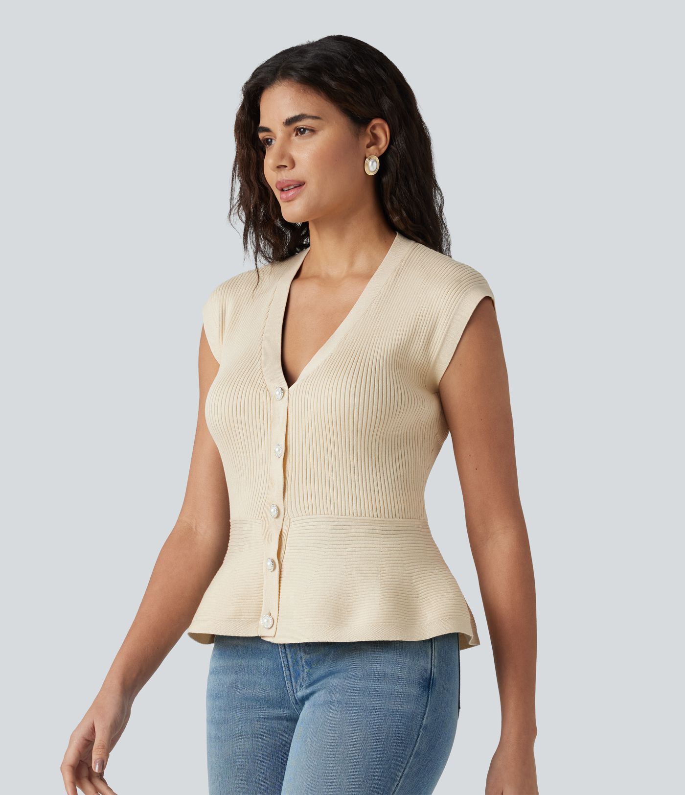 V-neck Sleeveless Work Peplum Cardigan