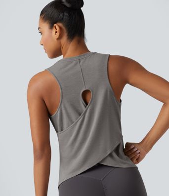 Cut Out Crossover Hem Heathered Yoga Tank Top Cut Out Crossover Hem Heathered Yoga Tank Top