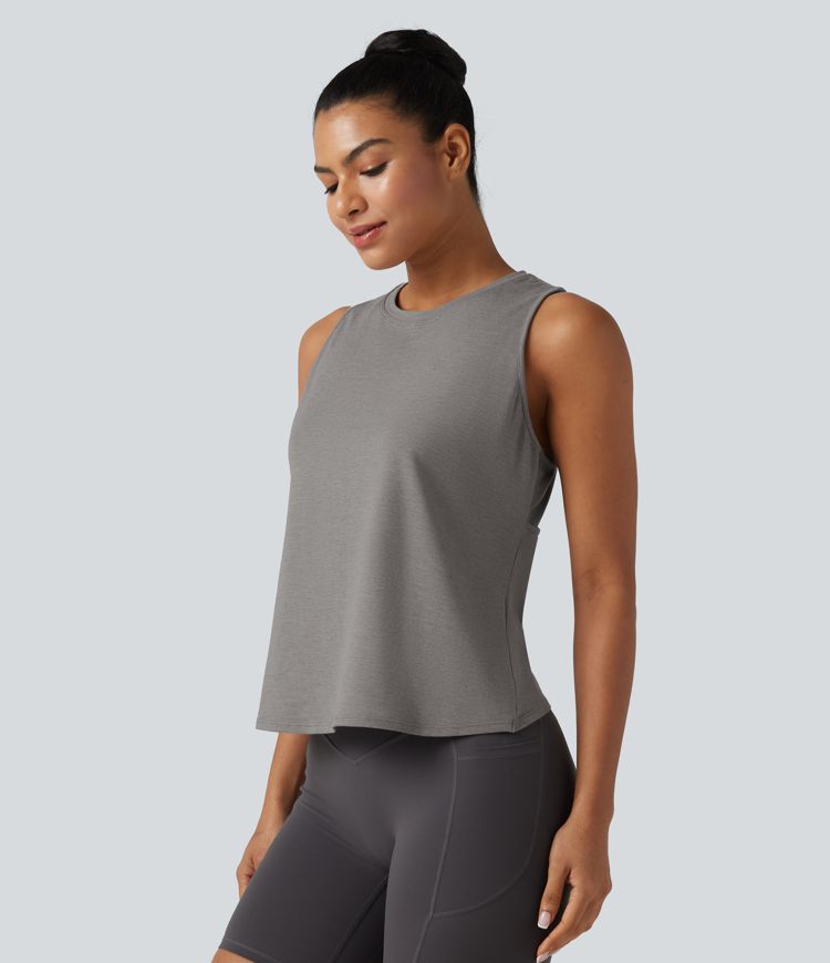 Cut Out Crossover Hem Heathered Yoga Tank Top Cut Out Crossover Hem Heathered Yoga Tank Top