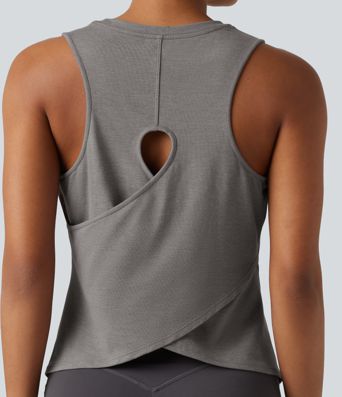 Cut Out Crossover Hem Heathered Yoga Tank Top Cut Out Crossover Hem Heathered Yoga Tank Top