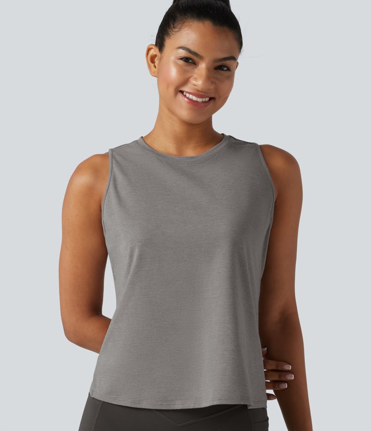Cut Out Crossover Hem Heathered Yoga Tank Top Cut Out Crossover Hem Heathered Yoga Tank Top