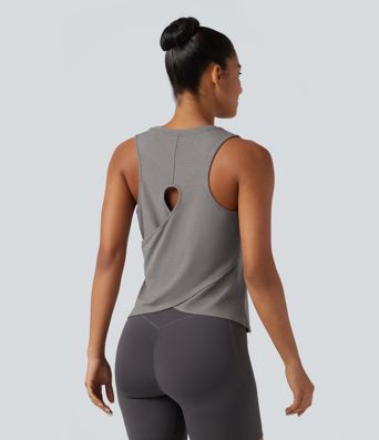 Cut Out Crossover Hem Heathered Yoga Tank Top Cut Out Crossover Hem Heathered Yoga Tank Top