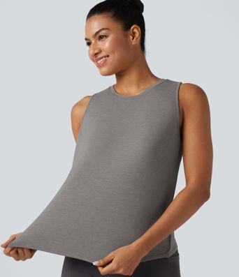Cut Out Crossover Hem Heathered Yoga Tank Top Cut Out Crossover Hem Heathered Yoga Tank Top