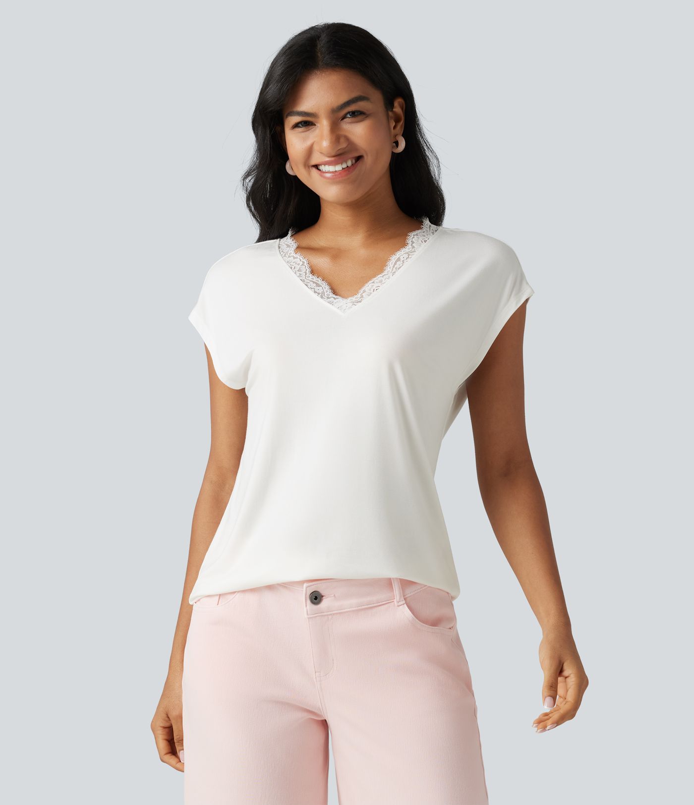 Lace V Neck Short Sleeve Casual T-Shirt