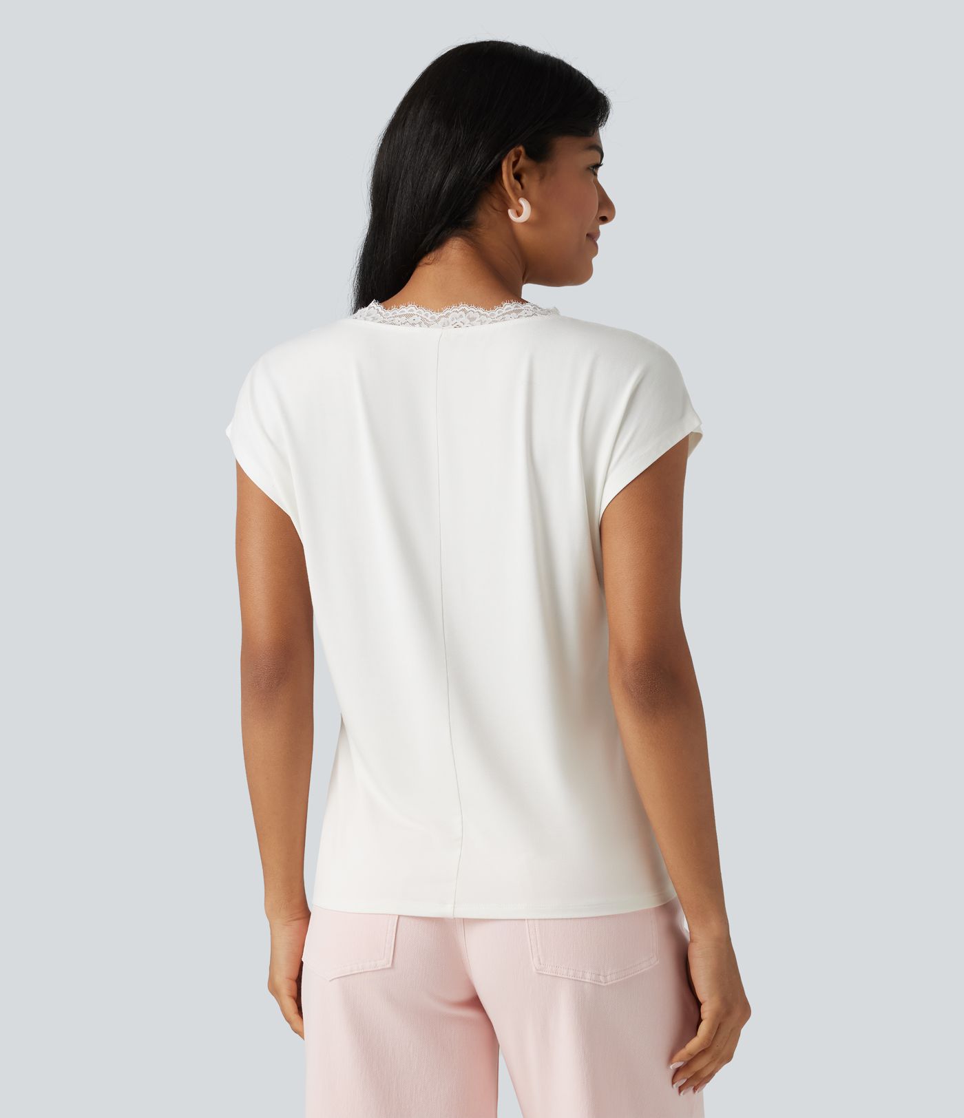 Lace V Neck Short Sleeve Casual T-Shirt