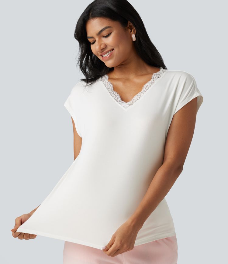 Lace V Neck Short Sleeve Casual T-Shirt