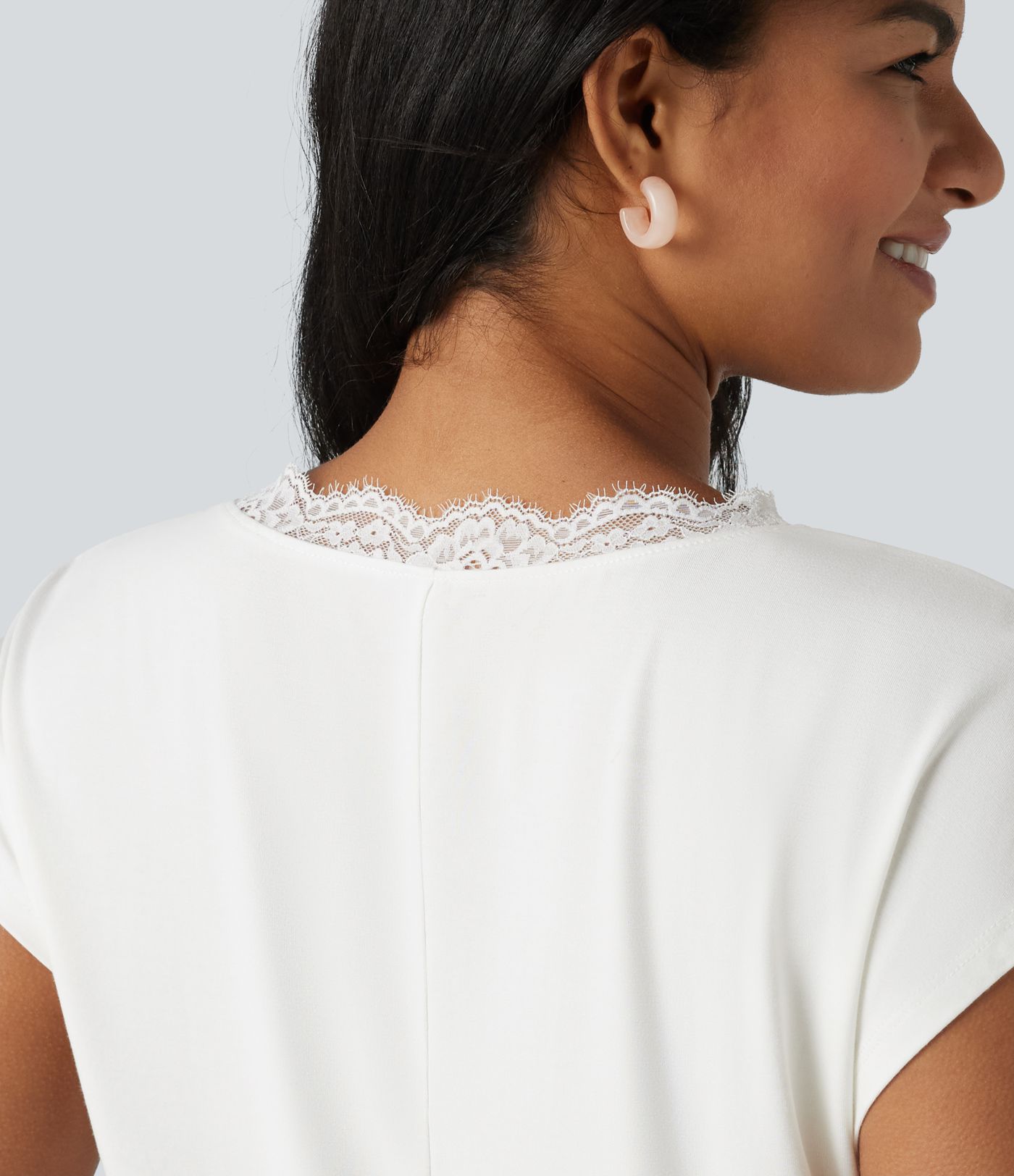 Lace V Neck Short Sleeve Casual T-Shirt