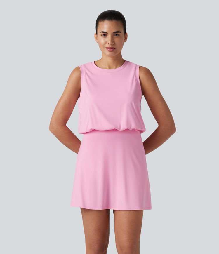 SoftlyZero™ Airy Round Neck Sleeveless 2-in-1 Cool Touch Mini Yoga Active Dress with Pockets-Easy Peezy