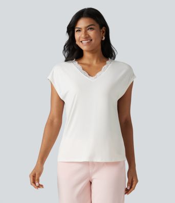 Lace V Neck Short Sleeve Casual T-Shirt