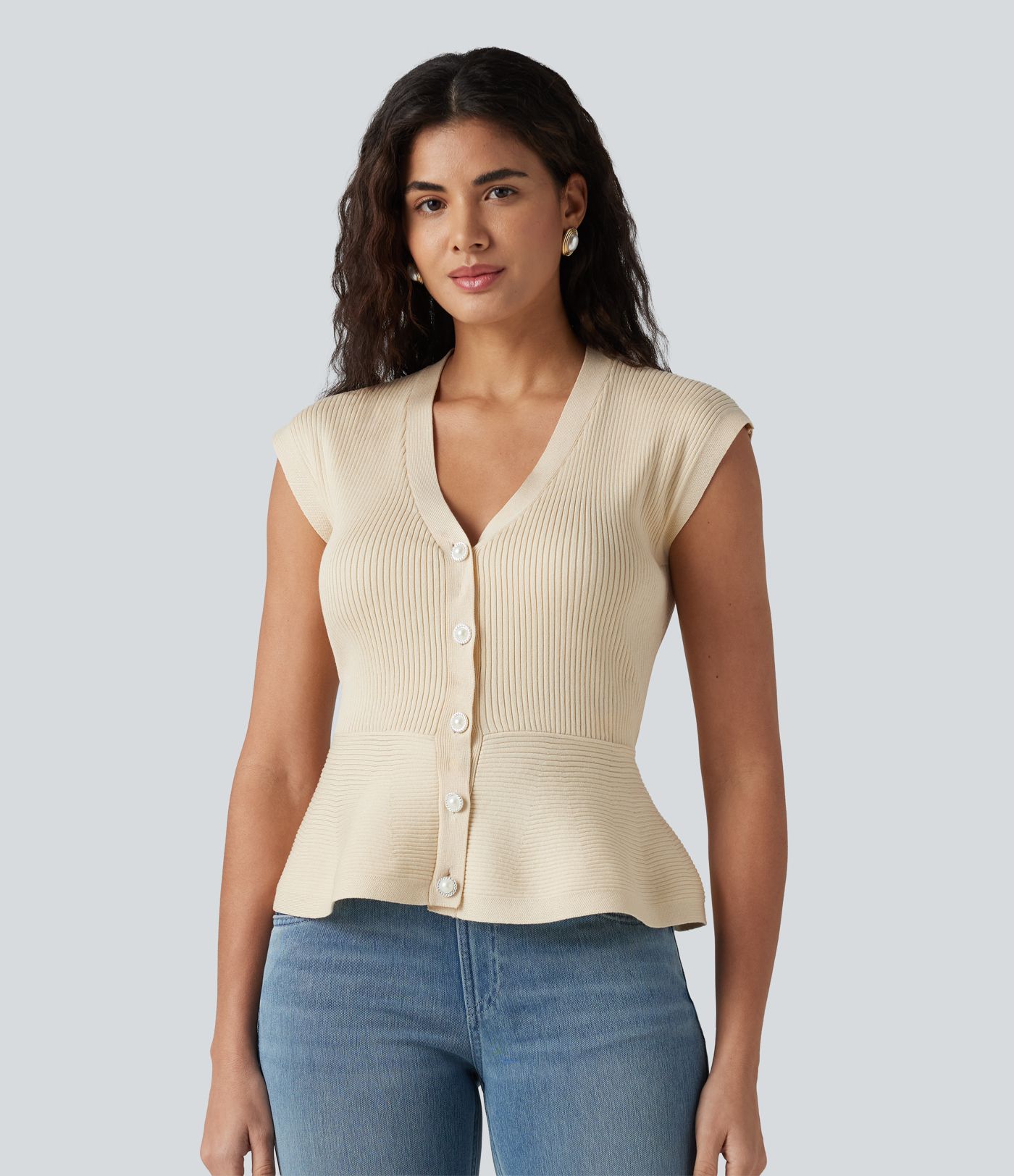 V-neck Sleeveless Work Peplum Cardigan