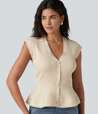 V-neck Sleeveless Work Peplum Cardigan