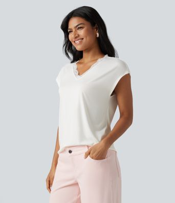 Lace V Neck Short Sleeve Casual T-Shirt