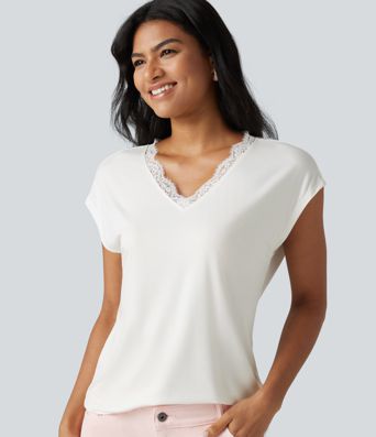 Lace V Neck Short Sleeve Casual T-Shirt