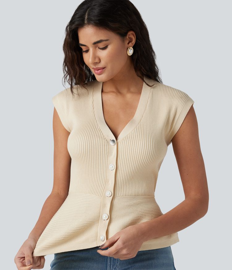 V-neck Sleeveless Work Peplum Cardigan