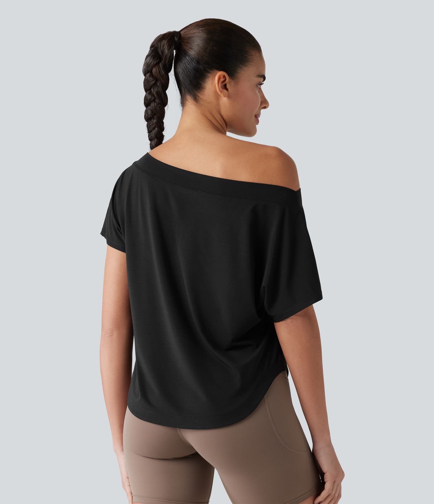 One Shoulder Short Sleeve Curved Hem High Low Quick Dry Yoga Sports Top