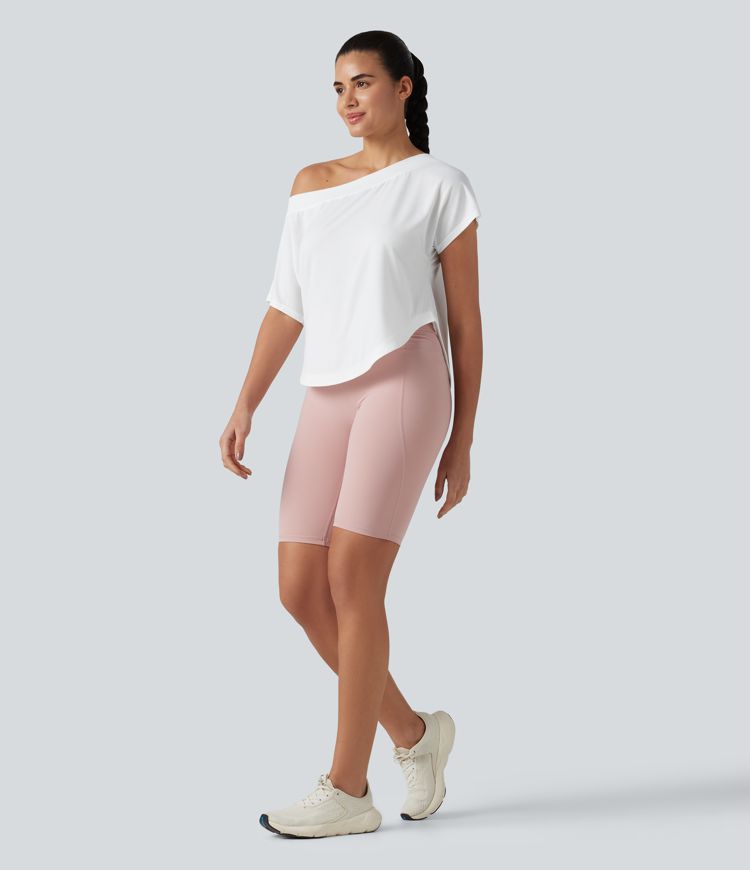 One Shoulder Short Sleeve Curved Hem High Low Quick Dry Yoga Sports Top