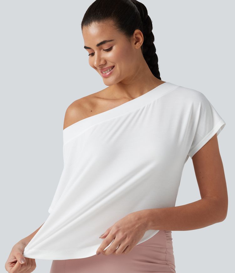 One Shoulder Short Sleeve Curved Hem High Low Quick Dry Yoga Sports Top