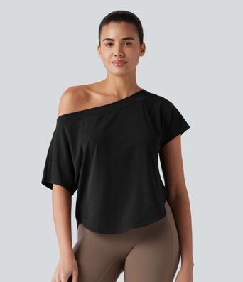 One Shoulder Short Sleeve Curved Hem High Low Quick Dry Yoga Sports Top