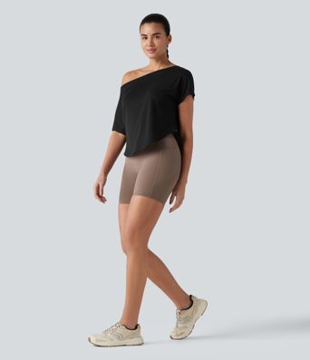 One Shoulder Short Sleeve Curved Hem High Low Quick Dry Yoga Sports Top
