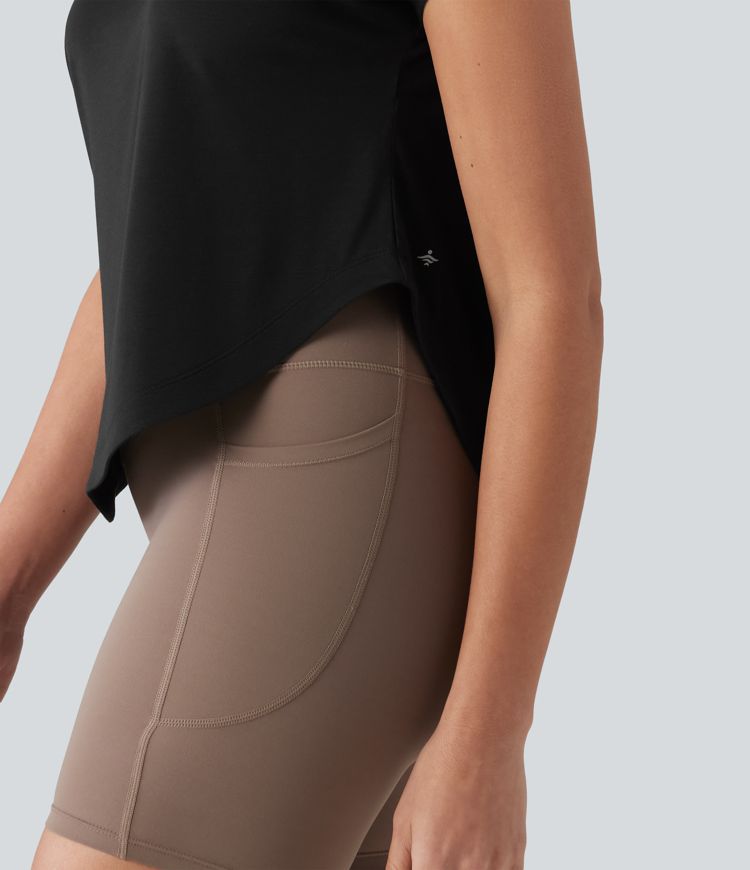 One Shoulder Short Sleeve Curved Hem High Low Quick Dry Yoga Sports Top