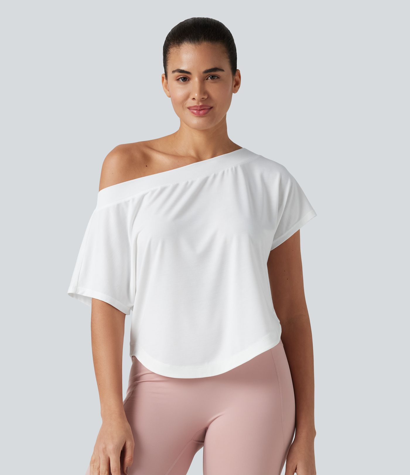 One Shoulder Short Sleeve Curved Hem High Low Quick Dry Yoga Sports Top
