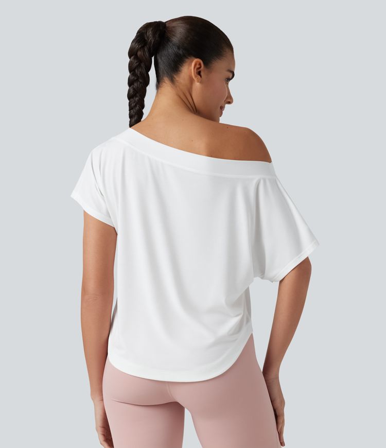One Shoulder Short Sleeve Curved Hem High Low Quick Dry Yoga Sports Top