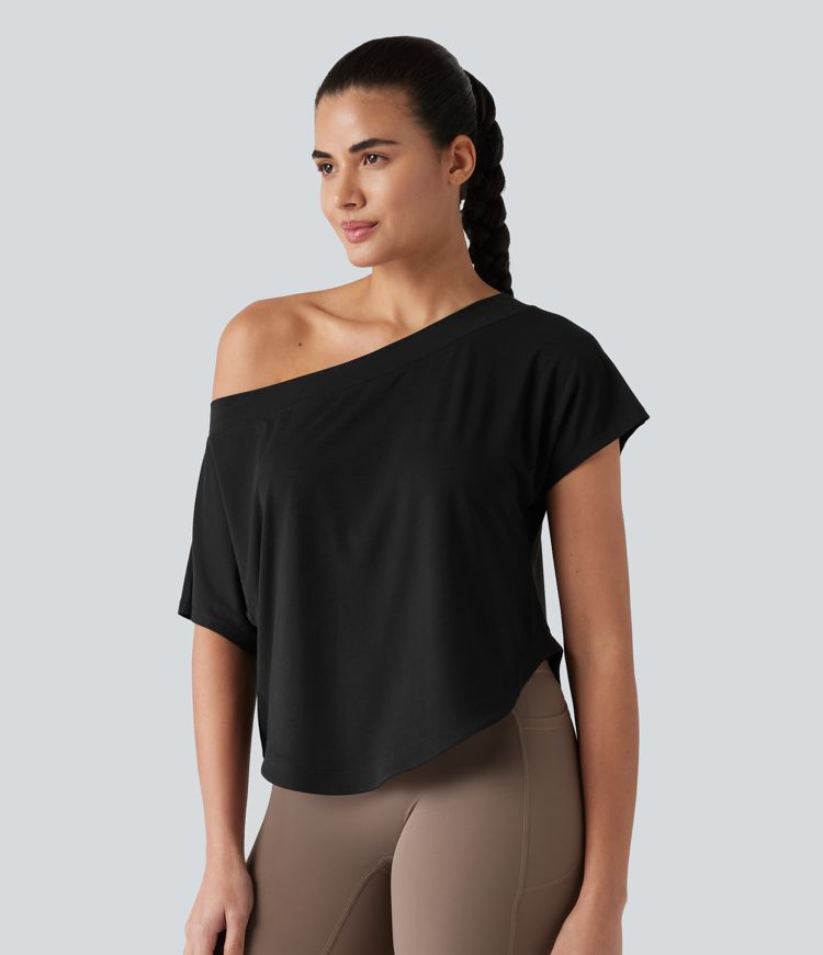 One Shoulder Short Sleeve Curved Hem High Low Quick Dry Yoga Sports Top