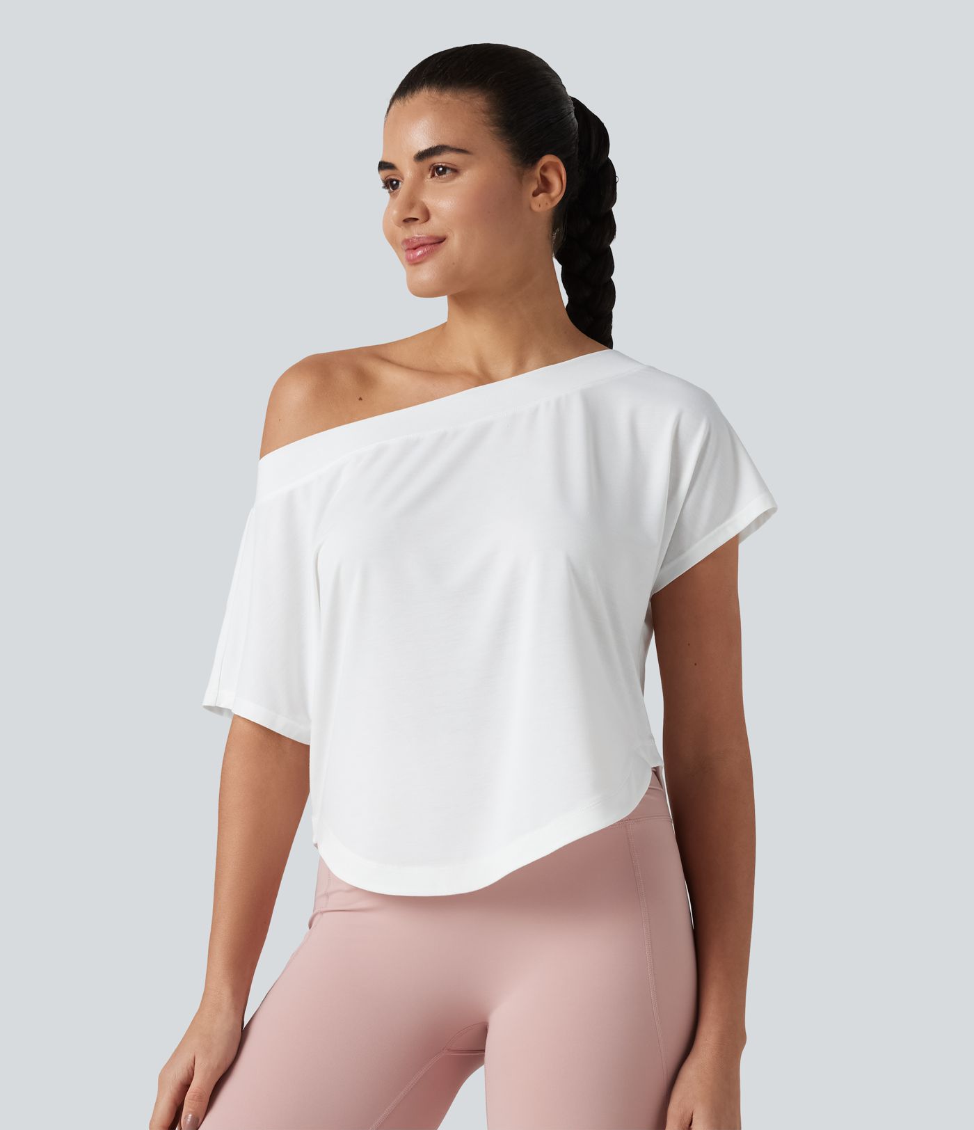 One Shoulder Short Sleeve Curved Hem High Low Quick Dry Yoga Sports Top