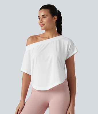 One Shoulder Short Sleeve Curved Hem High Low Quick Dry Yoga Sports Top