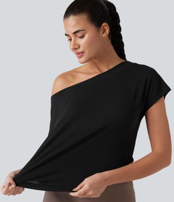 One Shoulder Short Sleeve Curved Hem High Low Quick Dry Yoga Sports Top