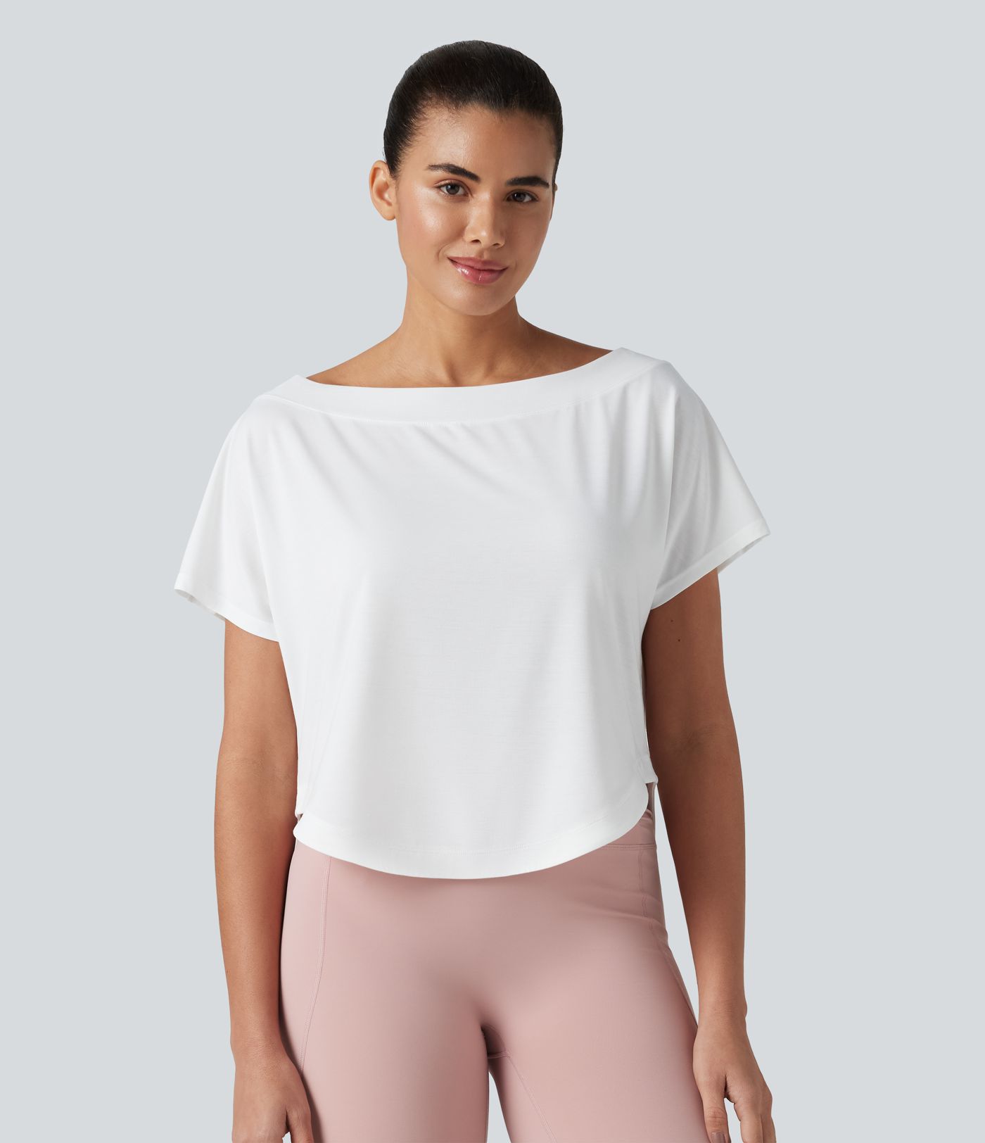 One Shoulder Short Sleeve Curved Hem High Low Quick Dry Yoga Sports Top