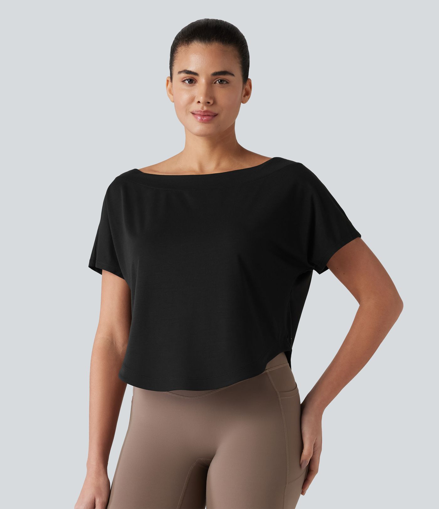 One Shoulder Short Sleeve Curved Hem High Low Quick Dry Yoga Sports Top