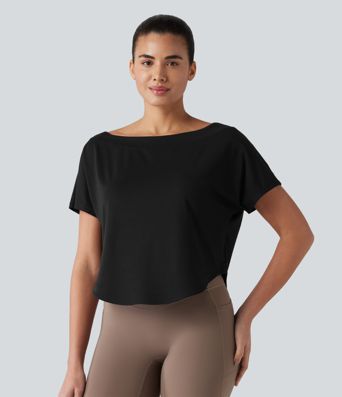 One Shoulder Short Sleeve Curved Hem High Low Quick Dry Yoga Sports Top
