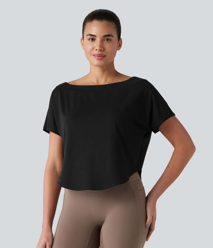 One Shoulder Short Sleeve Curved Hem High Low Quick Dry Yoga Sports Top
