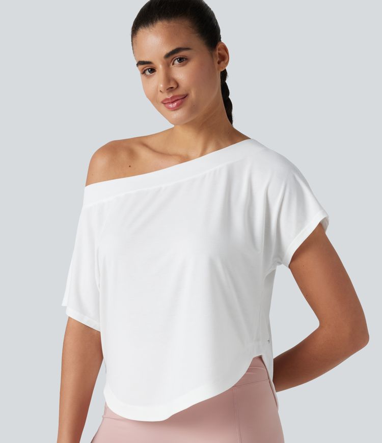 One Shoulder Short Sleeve Curved Hem High Low Quick Dry Yoga Sports Top