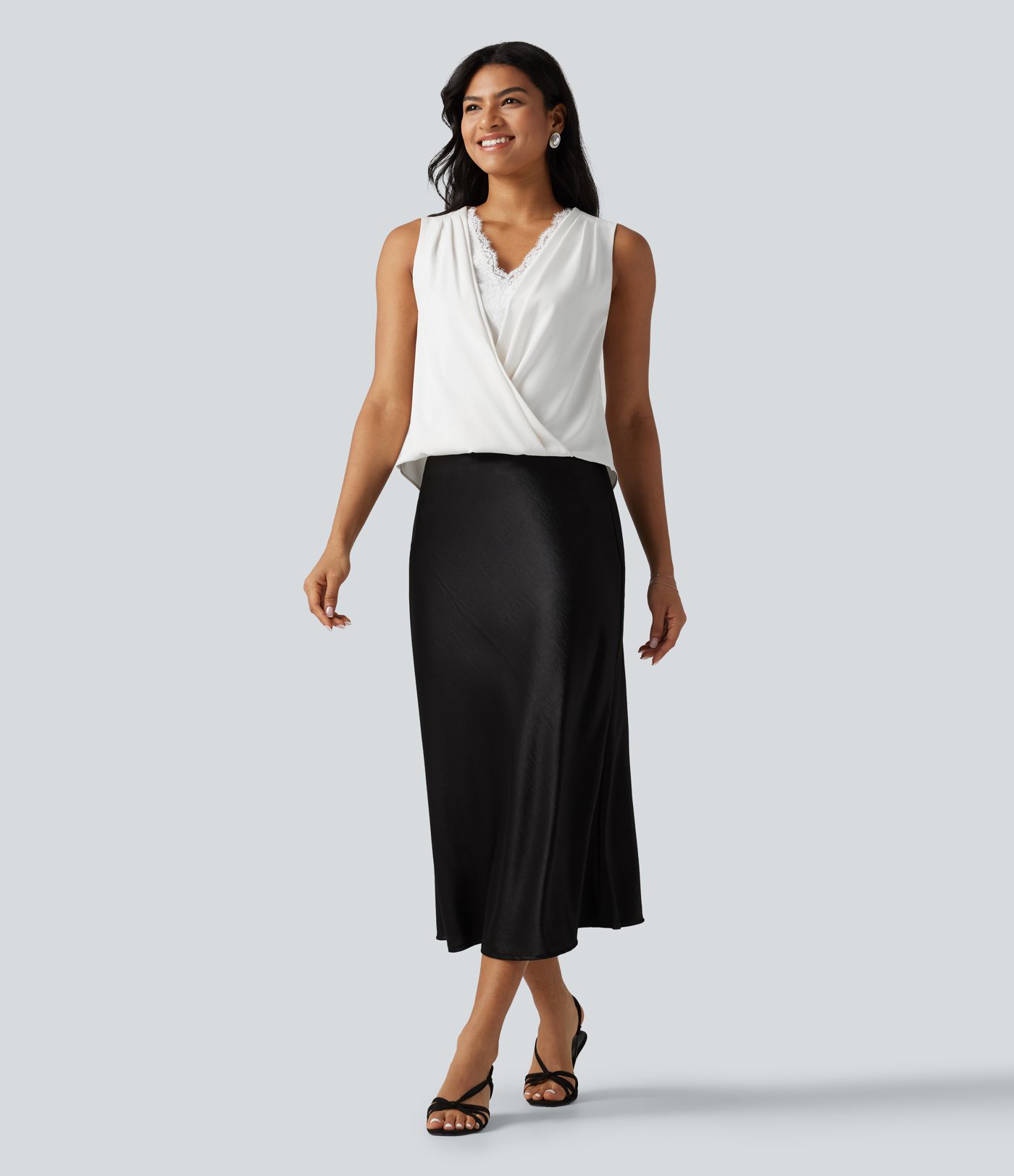 Wrinkle-Resistant V Neck Contrast Lace Ruched Sleeveless Work Blouse