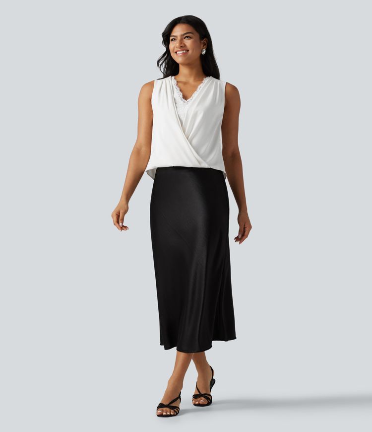 Wrinkle-Resistant V Neck Contrast Lace Ruched Sleeveless Work Blouse