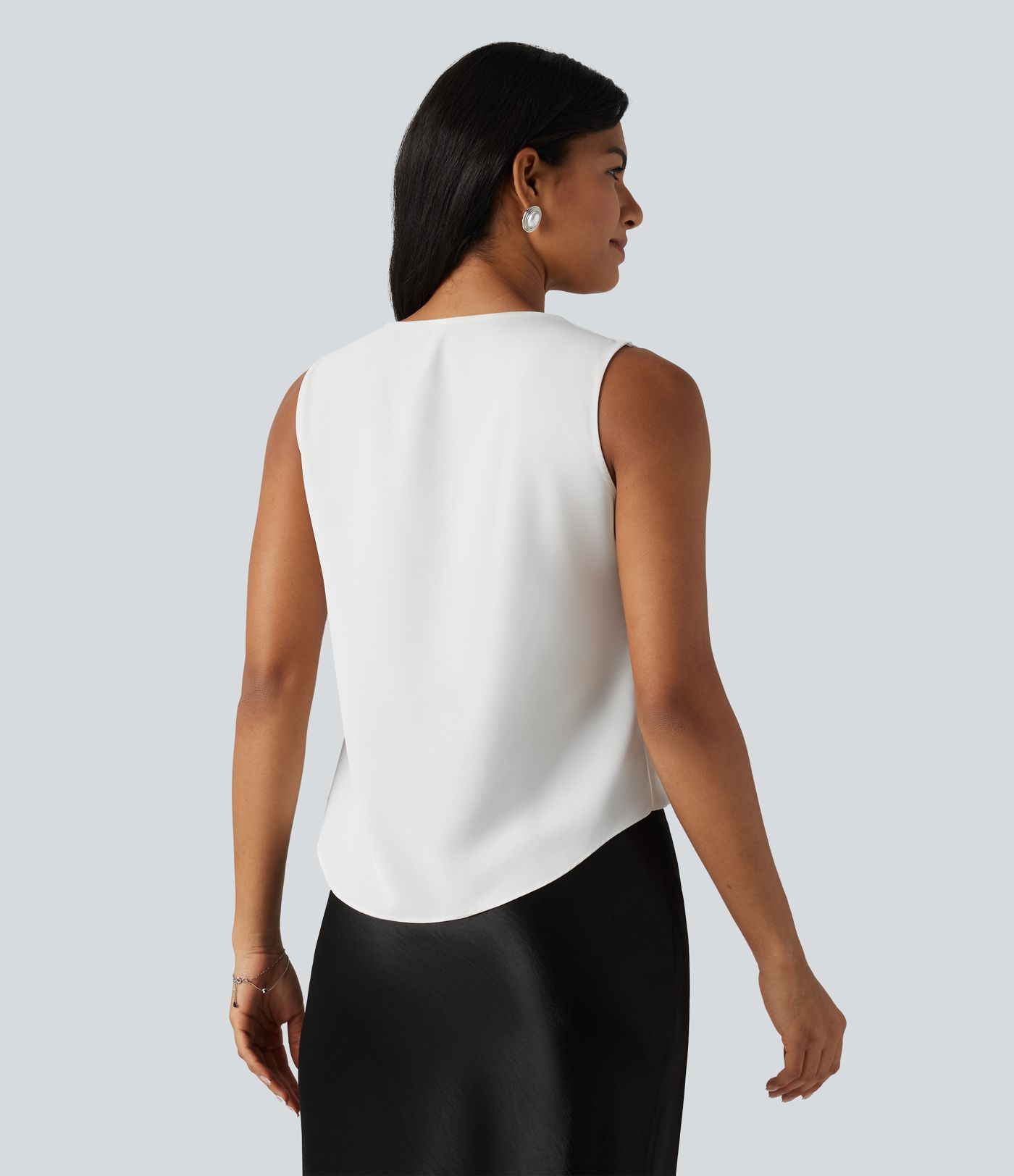 Wrinkle-Resistant V Neck Contrast Lace Ruched Sleeveless Work Blouse