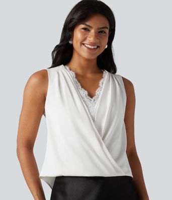 Wrinkle-Resistant V Neck Contrast Lace Ruched Sleeveless Work Blouse