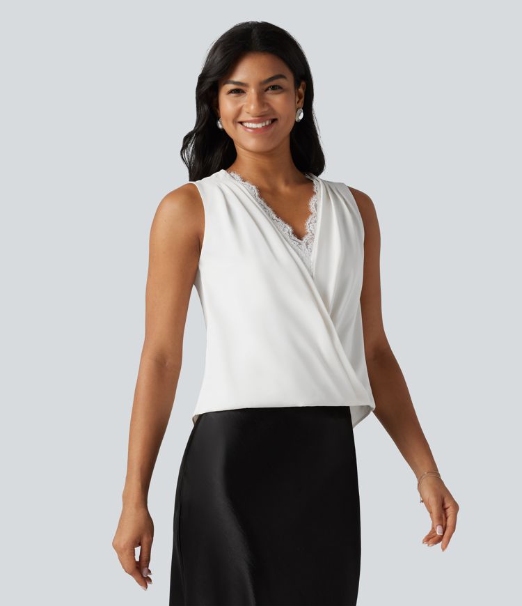 Wrinkle-Resistant V Neck Contrast Lace Ruched Sleeveless Work Blouse