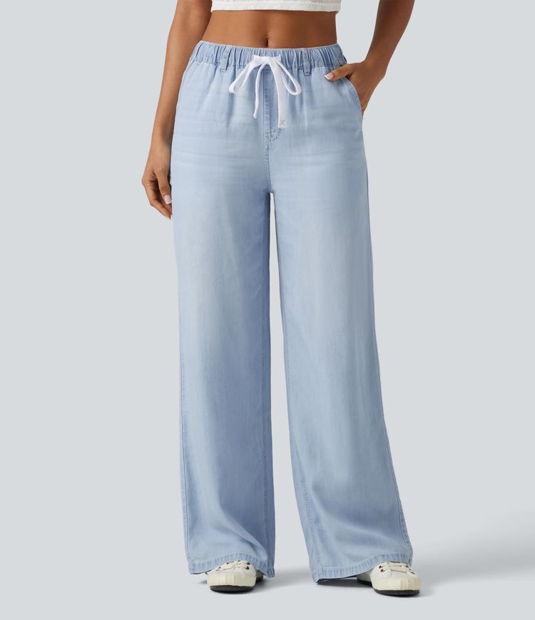 Jeans casual de tiro medio con cordón y bolsillos