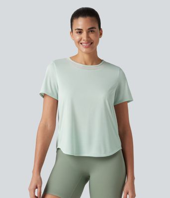 Lauf-Sport-Top mit Rundhalsausschnitt, kurzen Ärmeln, Kontrast-Mesh und abgerundeten Saum Lauf-Sport-Top mit Rundhalsausschnitt, kurzen Ärmeln, Kontrast-Mesh und abgerundeten Saum
