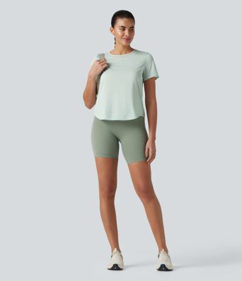 Lauf-Sport-Top mit Rundhalsausschnitt, kurzen Ärmeln, Kontrast-Mesh und abgerundeten Saum Lauf-Sport-Top mit Rundhalsausschnitt, kurzen Ärmeln, Kontrast-Mesh und abgerundeten Saum