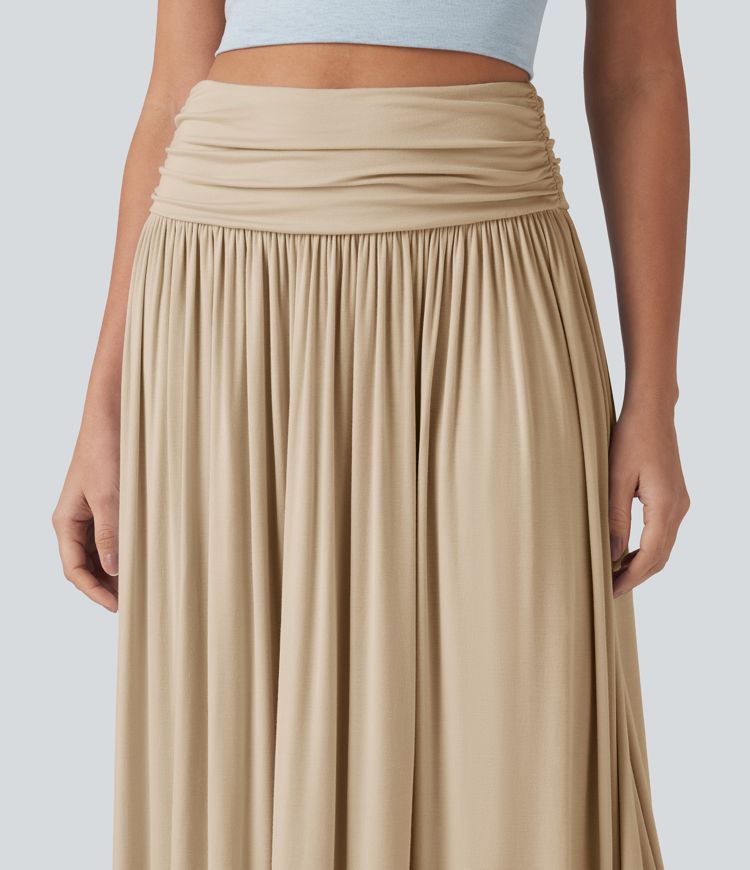 High Waisted Ruched Flowy Maxi Casual Skirt