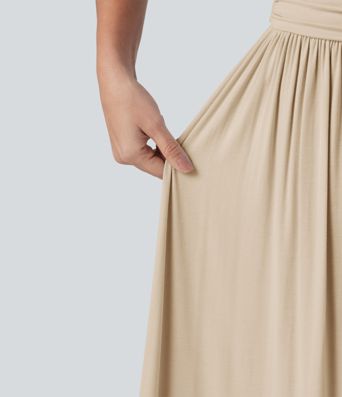 High Waisted Ruched Flowy Maxi Casual Skirt
