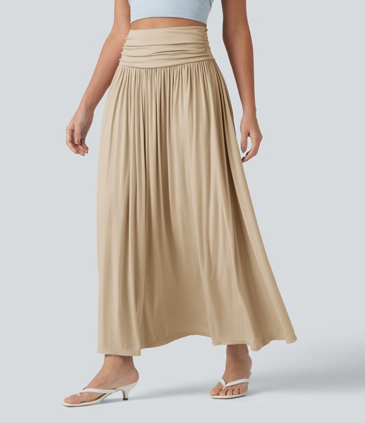 High Waisted Ruched Flowy Maxi Casual Skirt