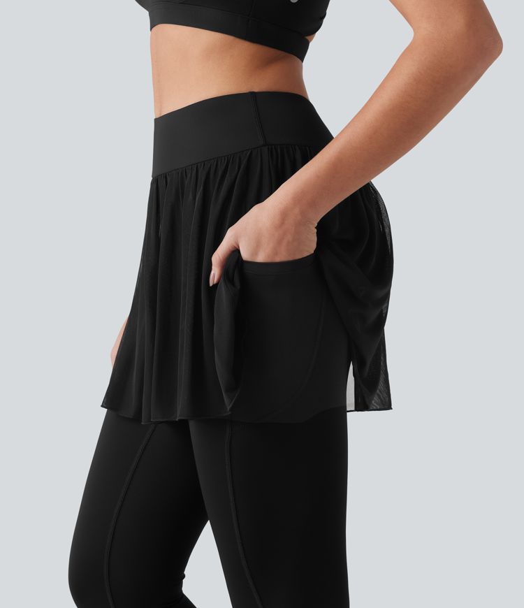 SoftlyZero™ Airy Cool Touch High Waisted Contrast Mesh 2-in-1 Yoga Skirt Leggings with Pockets-UPF50+