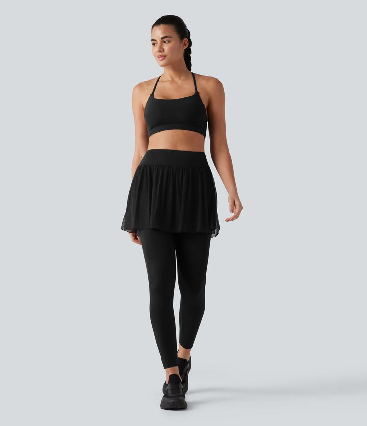SoftlyZero™ Airy Cool Touch High Waisted Contrast Mesh 2-in-1 Yoga Skirt Leggings with Pockets-UPF50+